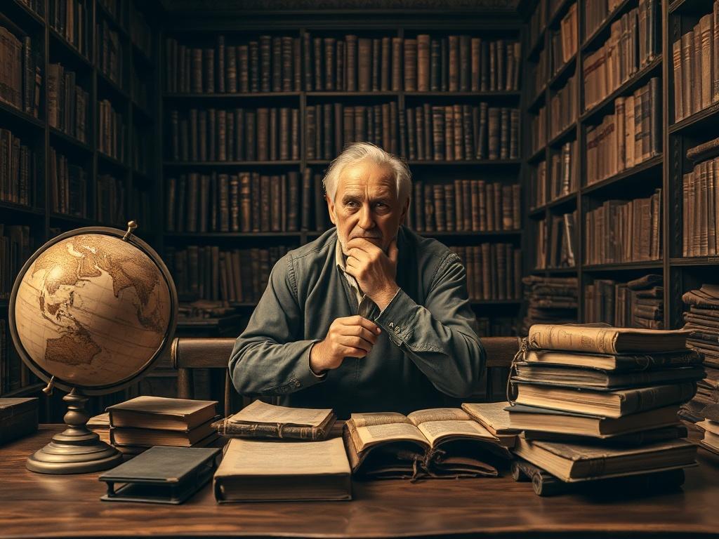 Create a realistic high-resolution photograph that embodies the theme of "Exploring Historical Theories." Focus on a single subject: a thoughtful historian, portrayed as a middle-aged individual with a contemplative expression, seated at an antique wooden desk. The historian is surrounded by an array of historical artifacts, such as a globe, ancient books, and maps, to symbolize the exploration of the past. 

In the background, include a dimly lit library filled with aged bookshelves, creating an atmosphere