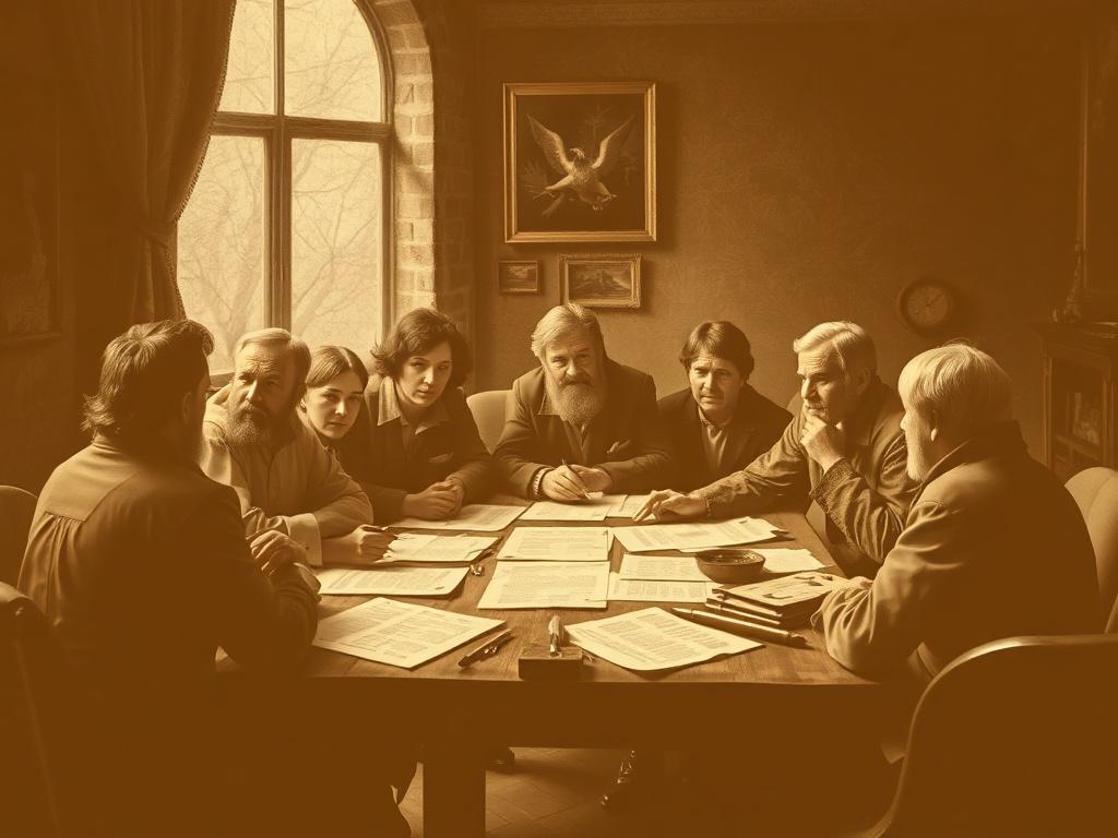 A sepia-toned image of a group of people sitting around a table, engaged in discussion with historical documents spread out before them.