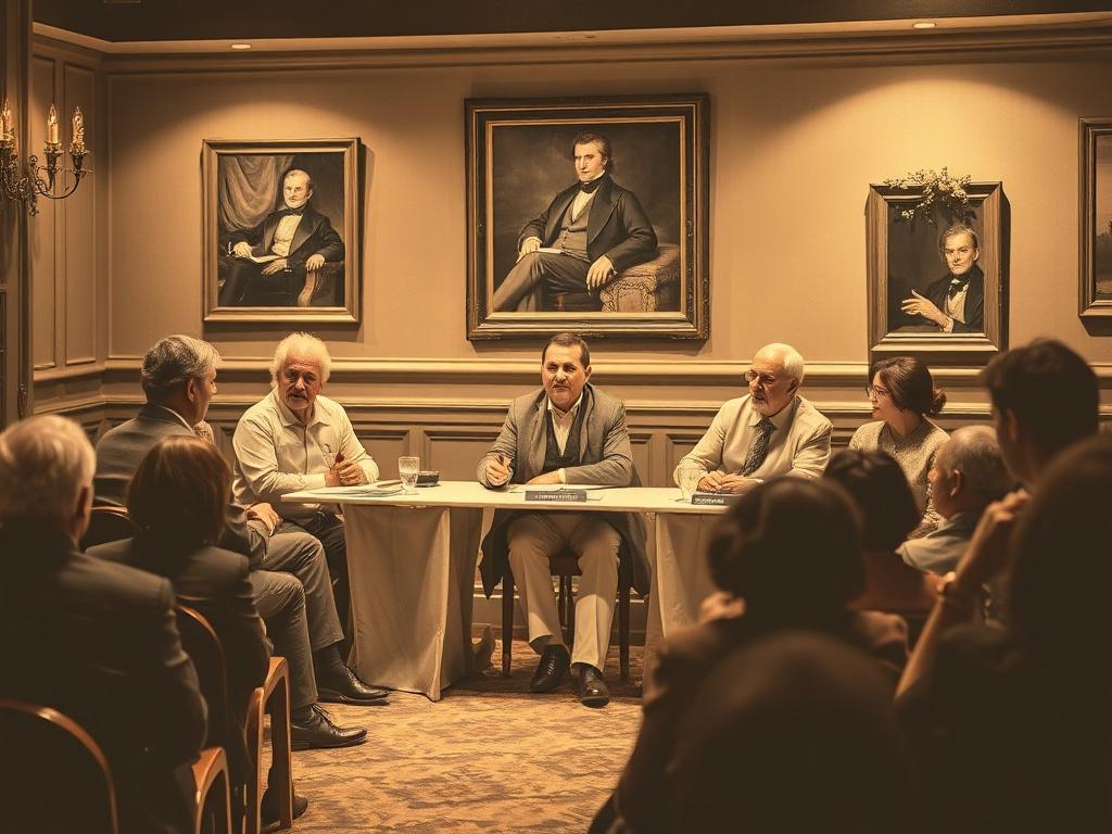 A sepia-toned image of a panel discussion with historians seated at a table, engaging with an audience in a cozy, intimate setting.