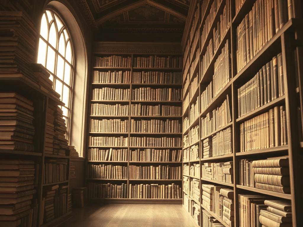 A sepia-toned image of a vintage library with historical books stacked neatly on wooden shelves, illuminated by soft light from a window.