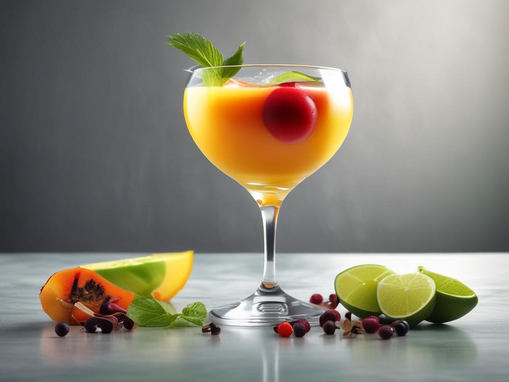 A vibrant, colorful cocktail being poured into a glass, showcasing a mix of fresh ingredients like mango, mint, and spices. The glass is garnished with a slice of lime and a sprig of mint, set against a lively bar backdrop that conveys a fun and energetic atmosphere.