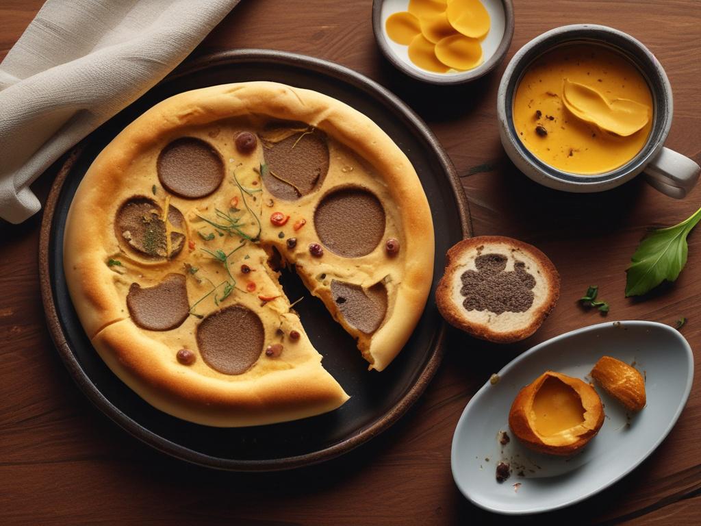 A close-up of a golden-brown Truffle Kulcha, cut open to reveal a cheesy, rich filling, served on a vibrant plate with a small bowl of spicy dip. The setting should have an elegant and modern flair, with soft lighting highlighting the texture of the kulcha and the colors of the dip.