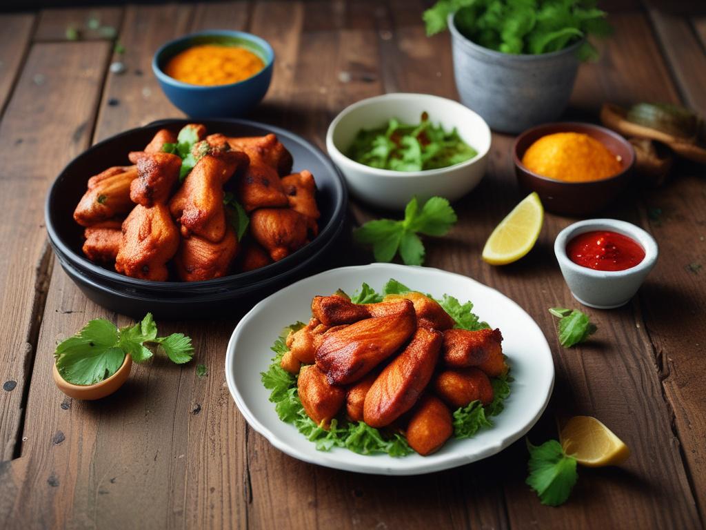 A beautifully plated Tandoori Chicken dish on a rustic wooden table, featuring vibrant colors of marinated chicken with charred edges, accompanied by a small bowl of fresh mint chutney and a colorful salad. The background should be softly blurred to emphasize the food, with warm lighting enhancing the inviting atmosphere.
