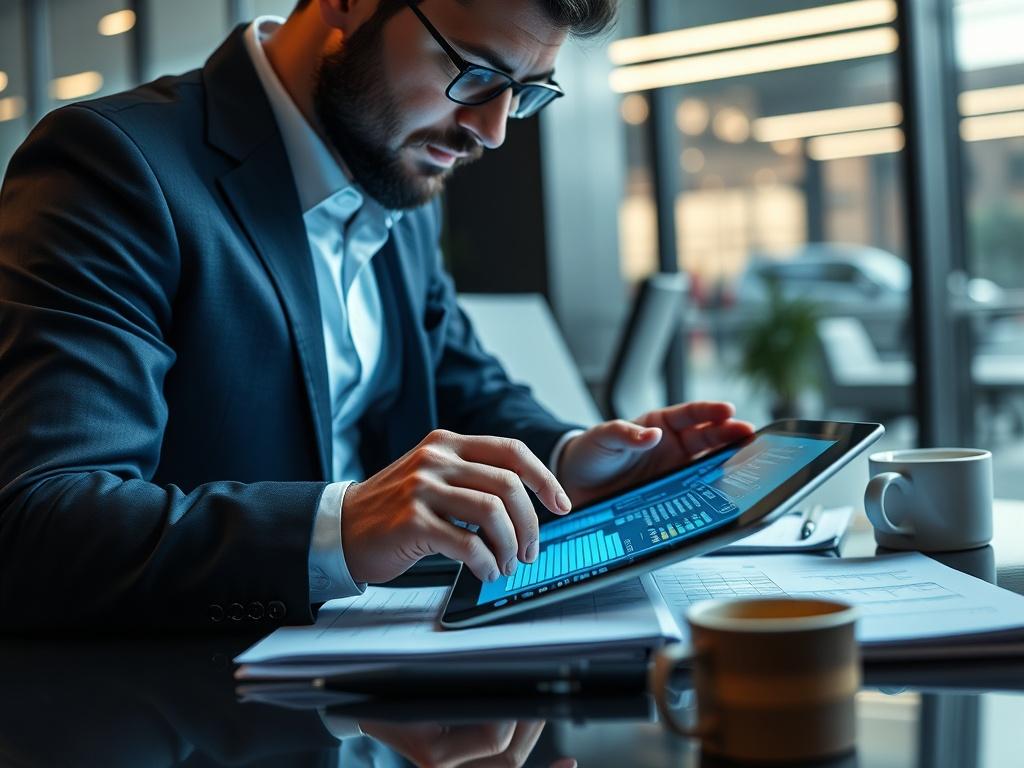 An expert consultant analyzing data on a tablet, surrounded by