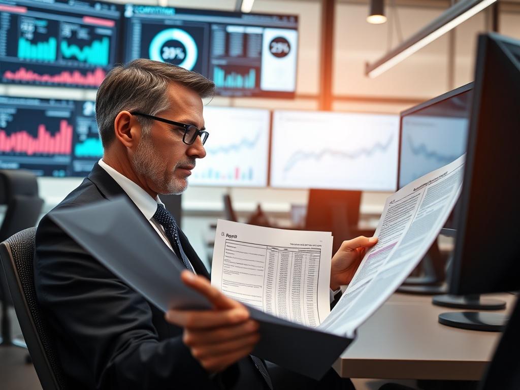 A high level executive reviewing compliance reports in a modern