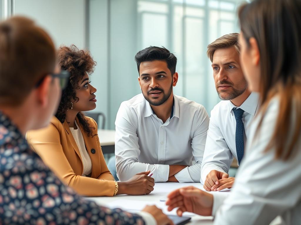 A close up of a diverse group of professionals engaged