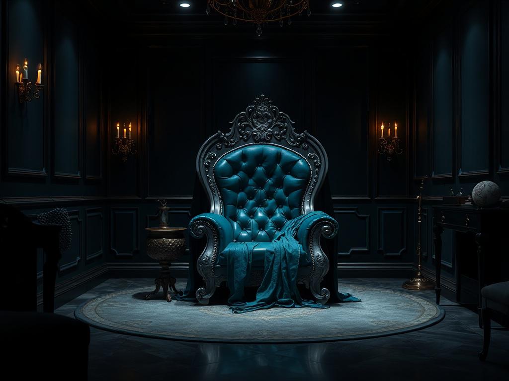 A luxurious BDSM dungeon setting, featuring a beautifully designed, plush
