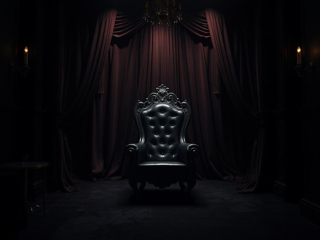 An elegant BDSM dungeon setting with luxurious dark tones, featuring