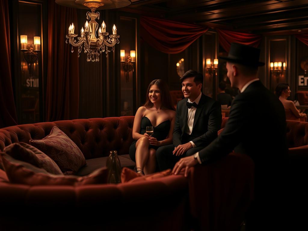 A luxurious lounge area within a BDSM club, showcasing plush
