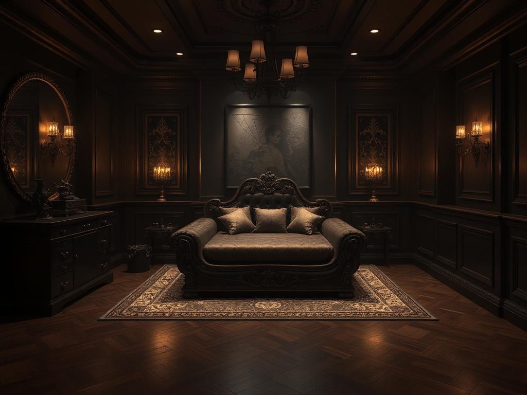 A beautifully designed private dungeon featuring an exquisite bondage bed
