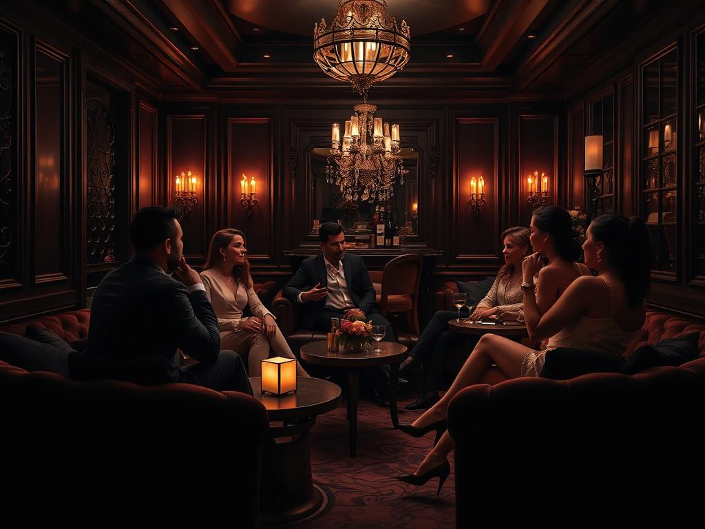 An elegant social gathering set in a lavish dark toned