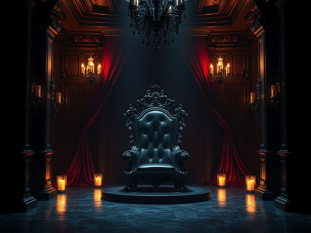 A luxurious, dimly lit BDSM dungeon with rich dark tones,