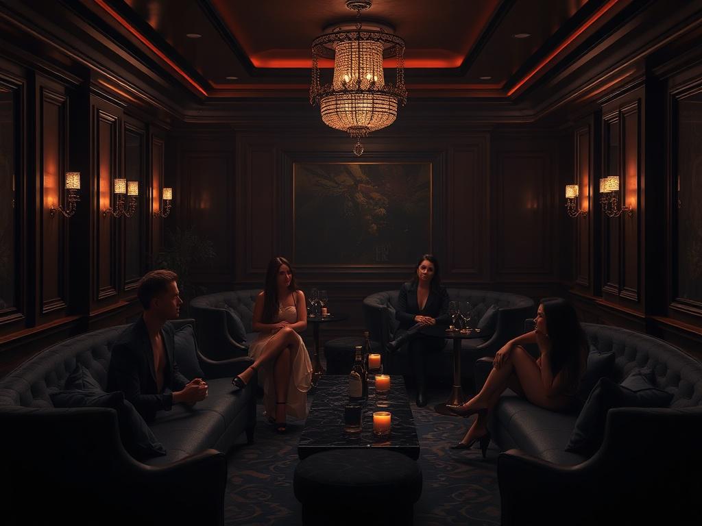 An elegant social gathering set in a dimly lit room,