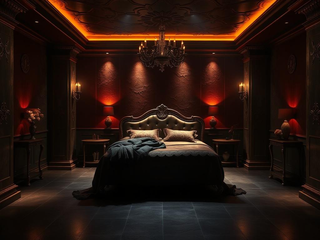 A luxurious dungeon interior featuring dark, soft lighting that creates
