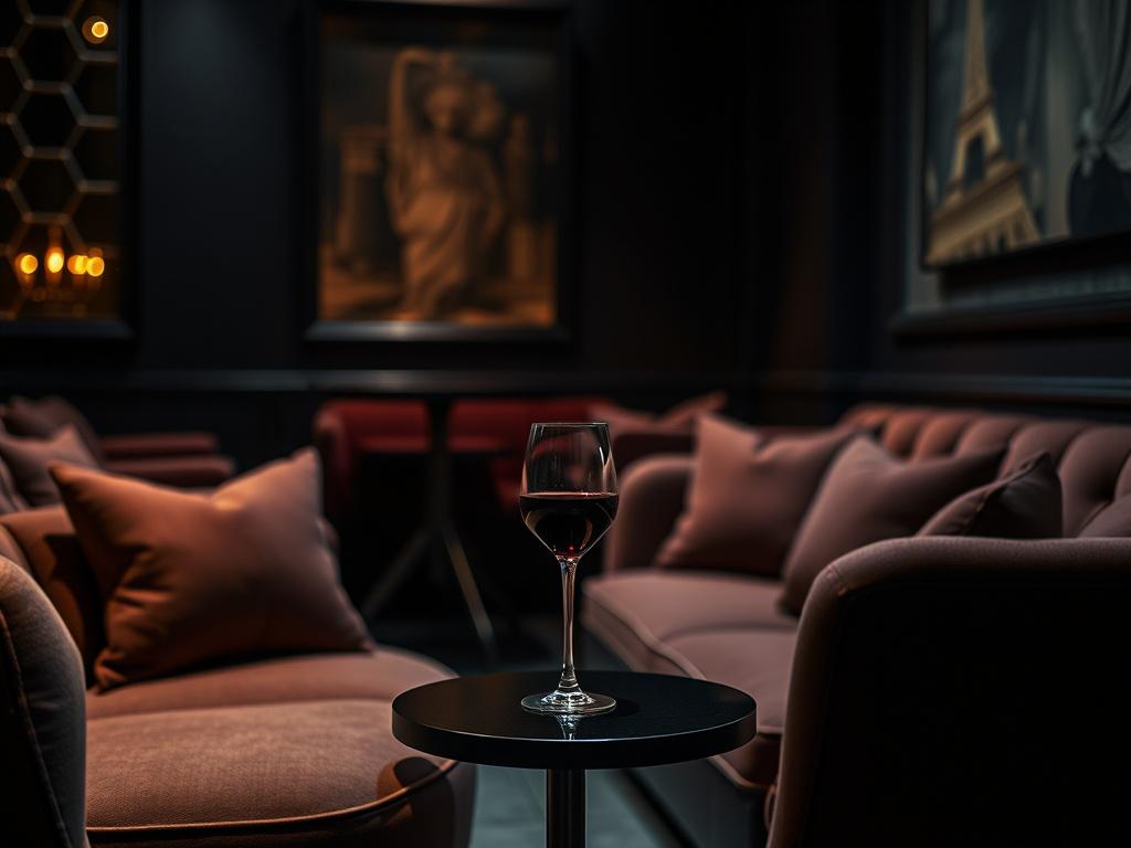 An intimate lounge area with plush seating and dim lighting,