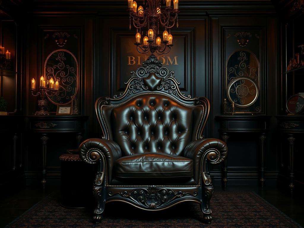 Create a realistic high-resolution photo of a luxurious BDSM dungeon setting. Focus on a beautifully crafted, ornate leather BDSM chair placed in the center of the room. The background should feature rich dark tones with a soft, seductive lighting that highlights the texture of the leather and the intricate details of the room. Include subtle hints of BDSM accessories elegantly arranged in the background, creating an intimate and exclusive atmosphere.