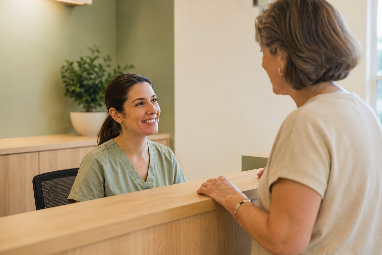 Receptionist helping a patient at the clinic front desk