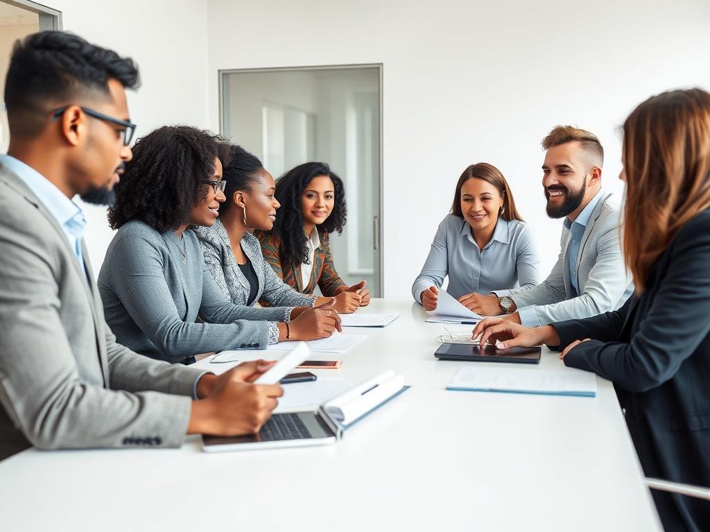 A close-up shot of a professional consulting session in an office setting, featuring a diverse group of leaders engaged in discussion around a table. The atmosphere is collaborative and focused, with documents and digital devices visible, emphasizing clarity and communication. The background should be minimalistic and clean, showcasing a modern office environment with natural light, reflecting an inclusive and equitable atmosphere.