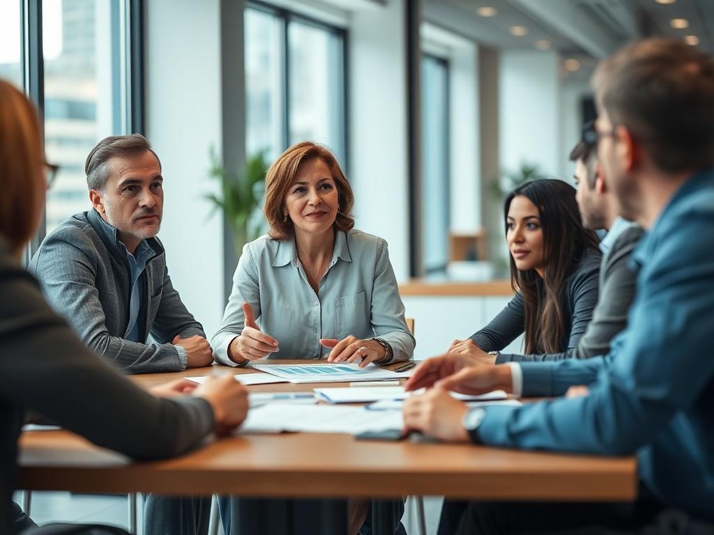 A close-up shot of a diverse group of professionals engaged in a serious discussion around a conference table. The focus is on a middle-aged woman presenting her ideas confidently, with charts and notes in front of her. The background is softly blurred, showing an inviting office environment with natural light filtering through large windows. The image should convey a sense of collaboration and constructive dialogue, with an emphasis on equity and inclusion.