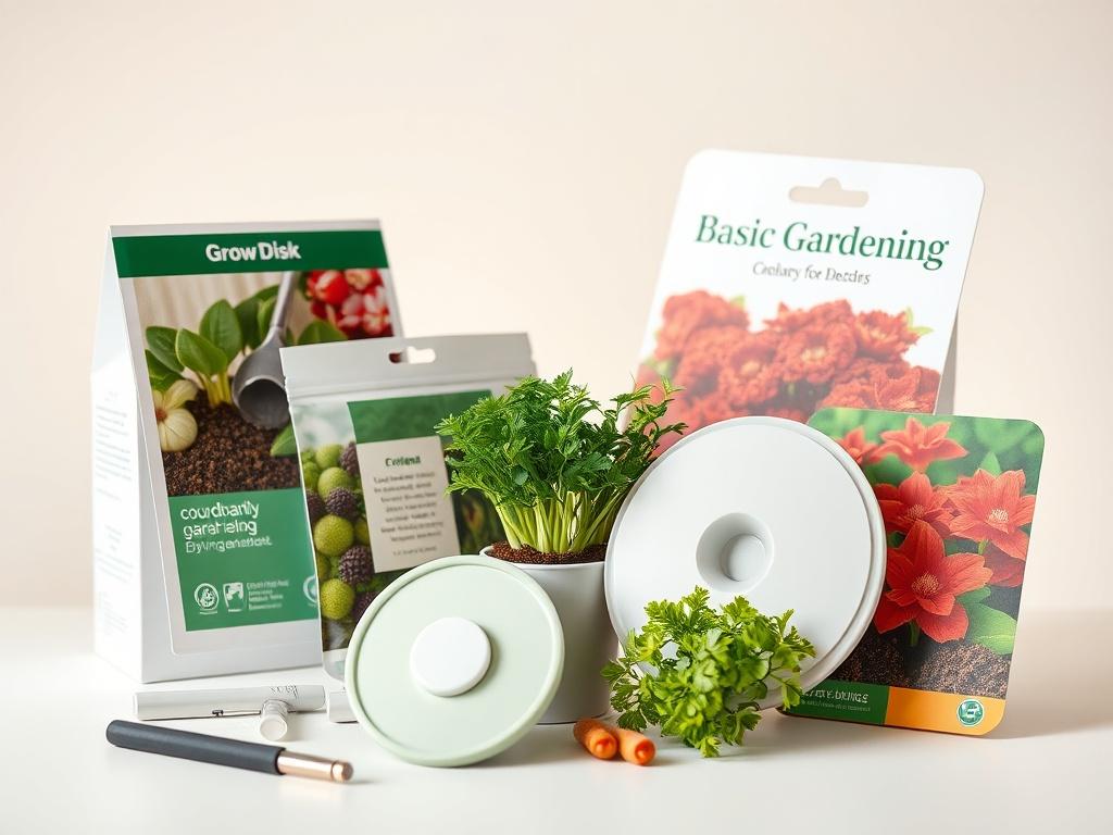 A detailed close-up of a stylish basic gardening kit, featuring seed packets, a Grow Disk, and vibrant plant images. The packaging should be elegant and modern, with a focus on the essential tools for beginners in gardening. The background should be light and inviting.