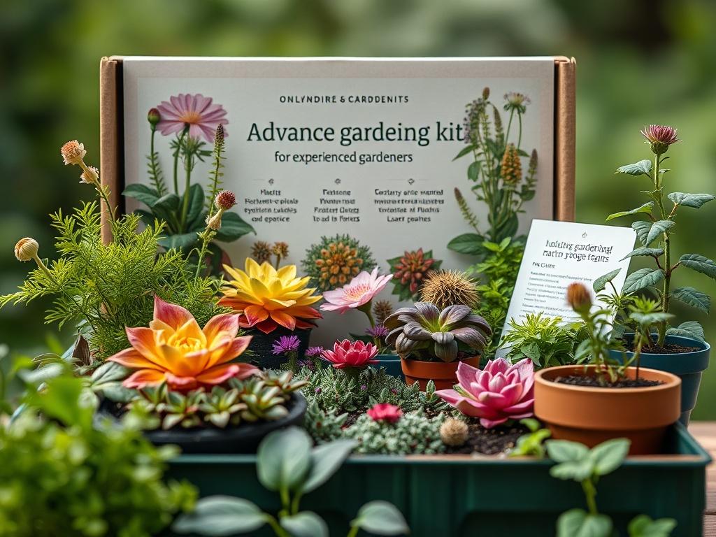A close-up shot of an advanced gardening kit for experienced gardeners, showcasing various plants and a detailed care guide. The packaging should be sophisticated and informative, emphasizing the complexity and variety of the plants included. The background should be natural and serene.