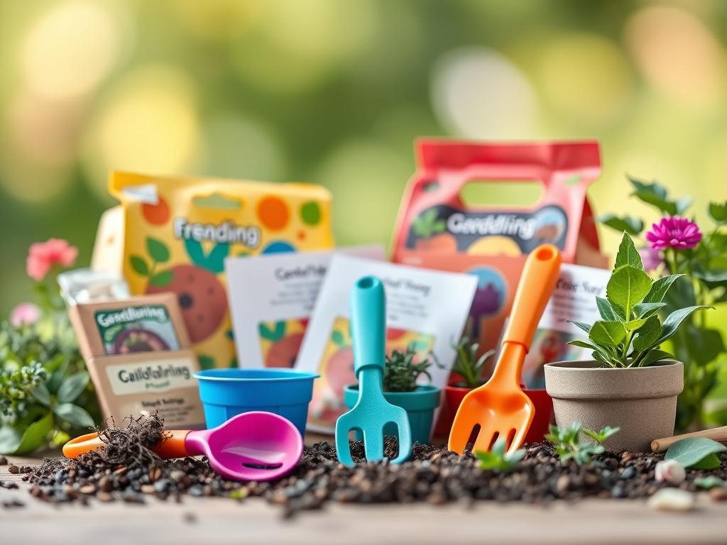 A close-up shot of a colorful gardening kit for kids, featuring vibrant packaging, small gardening tools, and seed packets. The background should be soft and natural, highlighting the playful and fun nature of gardening for children. Use a realistic high-resolution style with a focus on detail.
