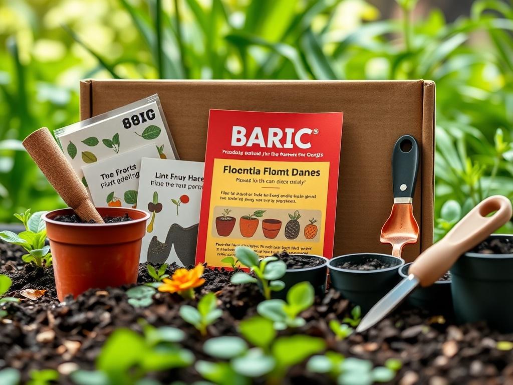 A detailed close-up of the BASIC gardening kit, showcasing seed packets, planting tools, and a vibrant instructional guide. The background is lush and green, emphasizing the freshness of the gardening experience.