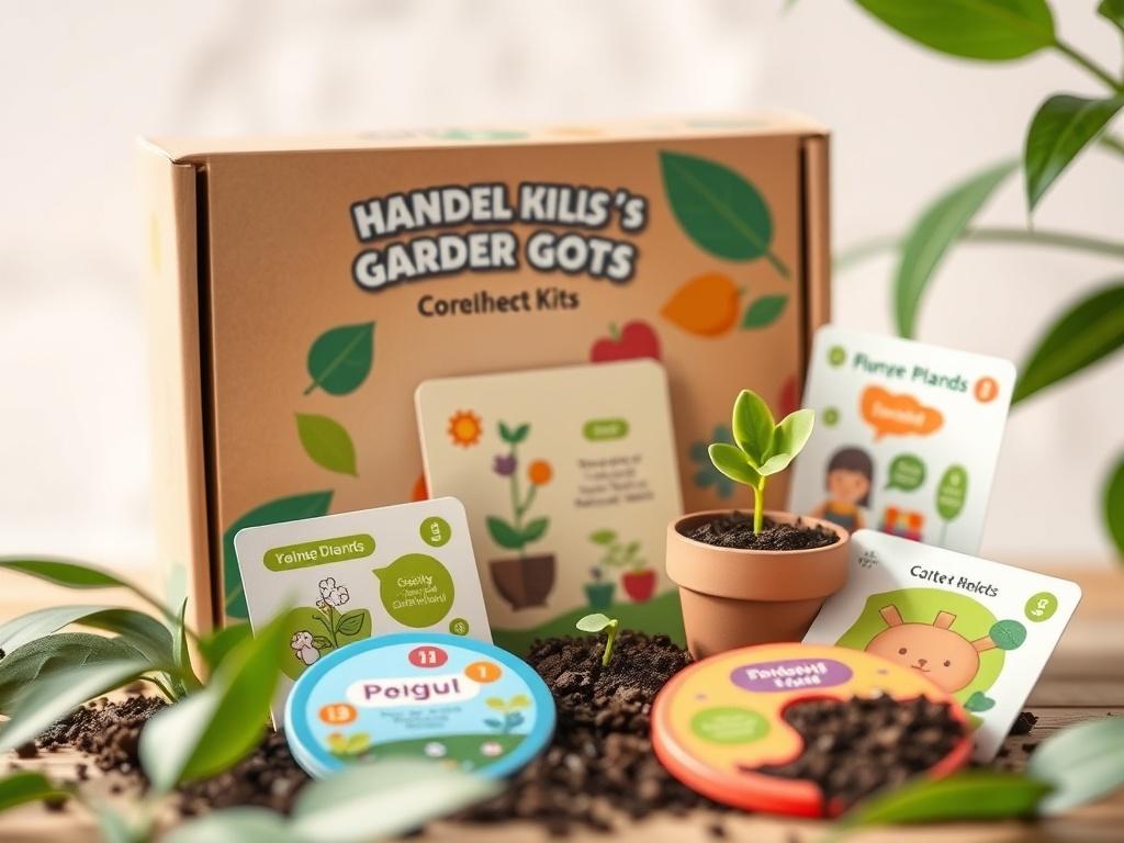 A close-up shot of a colorful children's gardening kit, featuring plant seeds, soil disks, and playful educational cards. The packaging is vibrant and engaging, set against a soft, natural background with green leaves, showcasing the joy of gardening for kids.