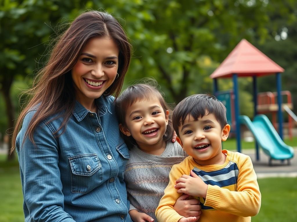 A close up shot of a mother and her children