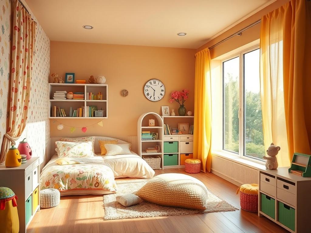 A bright and cheerful children's room designed for fun and creativity. The room features colorful decor with playful patterns on the bedding and curtains. A cozy reading nook with a soft rug and cushions invites relaxation. Shelves filled with books and toys add to the vibrant atmosphere, while large windows bring in ample sunlight, creating a happy, lively space for children to enjoy.