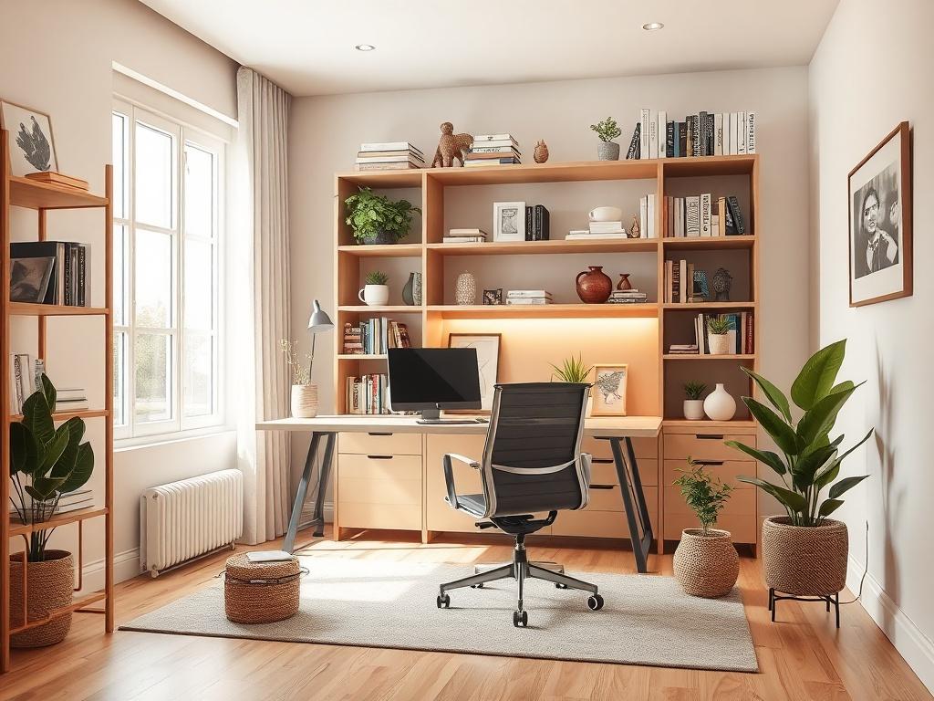 A modern and stylish home office space with a sleek desk and ergonomic chair. The room is well-lit with natural light streaming in from the window. A large bookshelf filled with books and decorative items adds personality to the space. The color scheme is calm and professional, promoting focus and productivity. Decorative plants add a touch of greenery, creating a refreshing and inspiring environment for work.