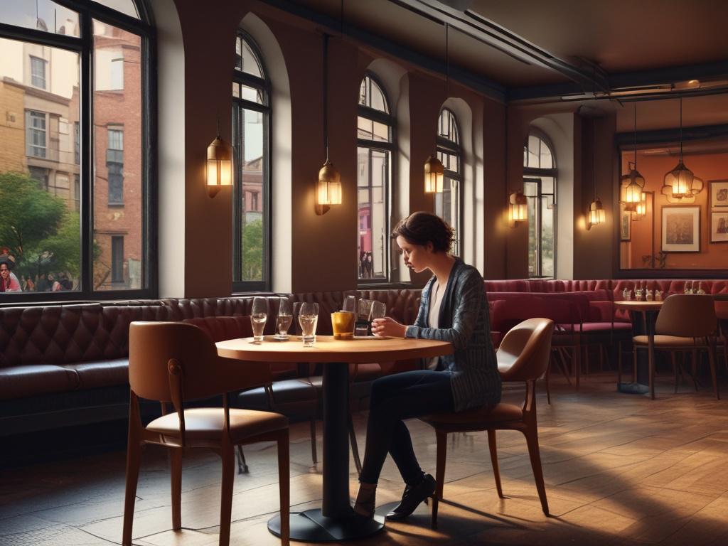 A beautiful escort sitting at a cozy cafe, laughing and