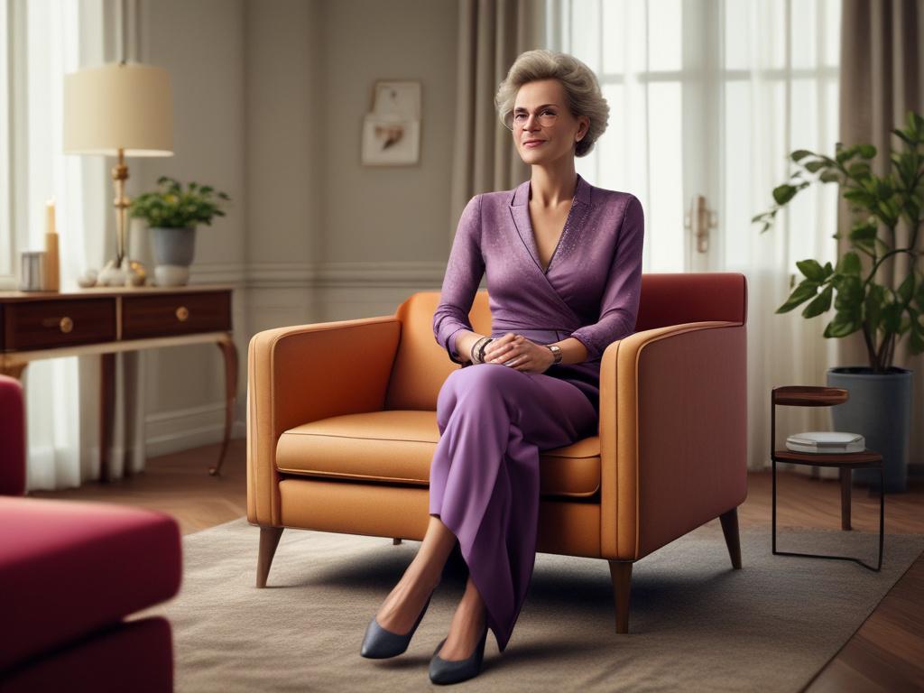 An elegant mature woman dressed in a stylish outfit, seated