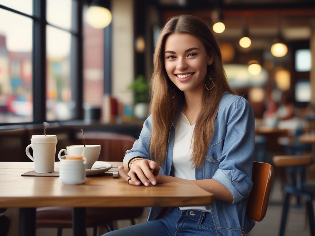 A cheerful young woman in casual yet stylish clothing, sitting