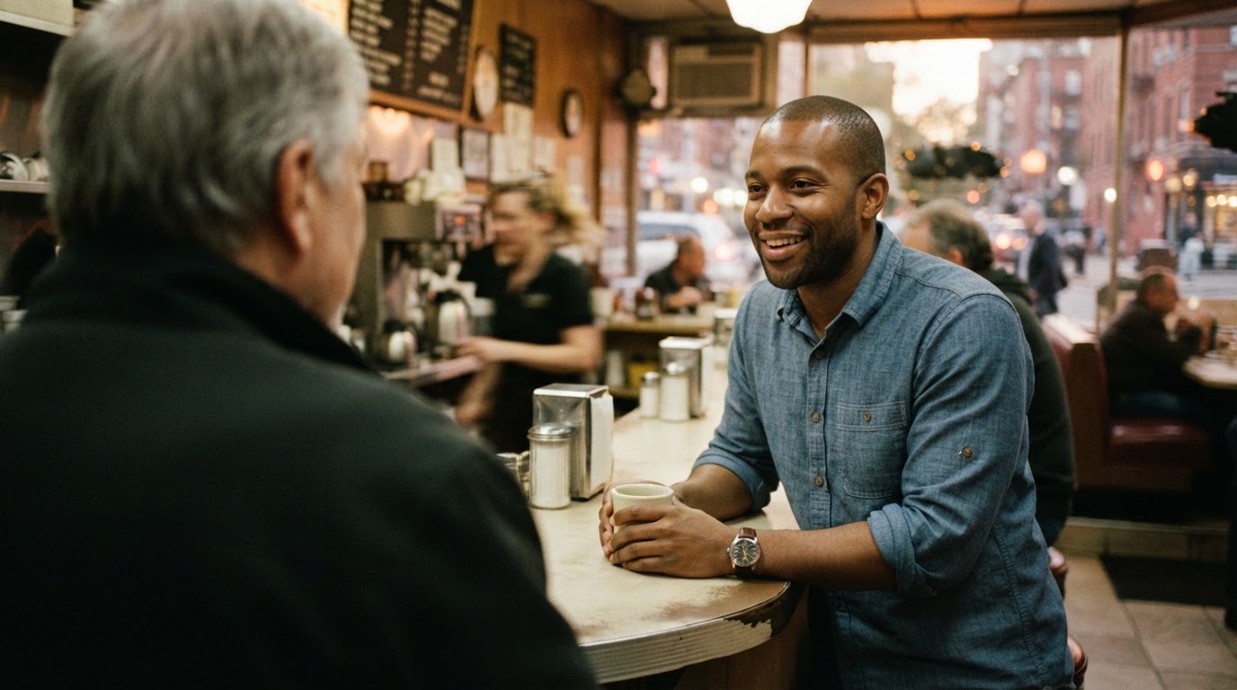 Marcus Idowu, sleeves rolled, leaning against the counter at Rosa's Diner on Fifth Street, listening to a constituent