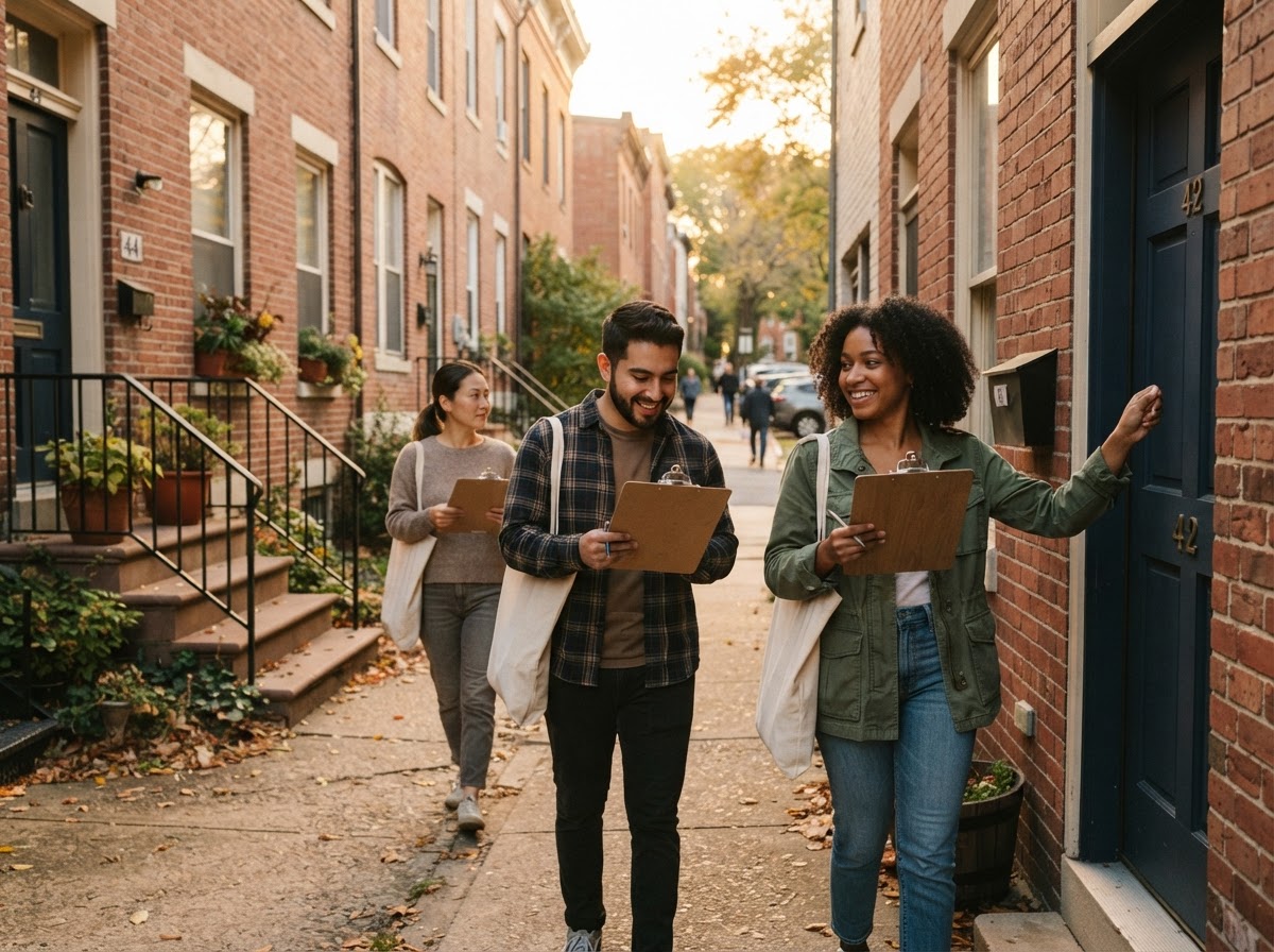 Volunteers canvassing a residential street in District 4 with clipboards in the late-afternoon light
