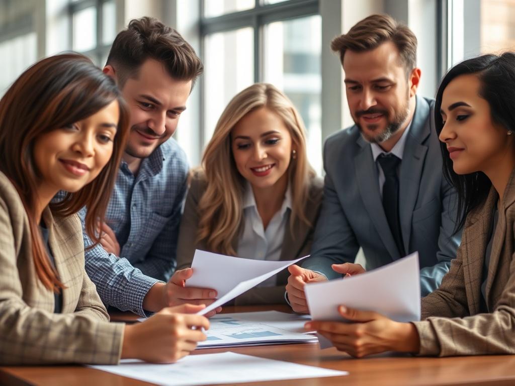 A hyper-realistic close-up of a professional team meeting in an office setting, showcasing a diverse group of individuals discussing plans. The focus should be on the engaged expressions of the team members and documents on the table, symbolizing collaboration. The lighting should be bright, emphasizing a productive work environment, with a clear focus on teamwork and contract staffing.