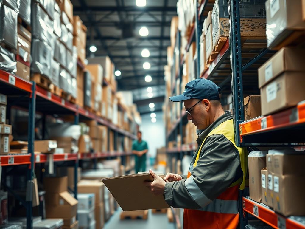 A hyper-realistic close-up of a busy warehouse environment, featuring a temporary worker efficiently organizing stock on shelves. The background should show various products and tools, with bright lighting emphasizing the urgency and energy of the temporary staffing scenario. The focus should be on the worker's effectiveness and the dynamic nature of temporary labor.