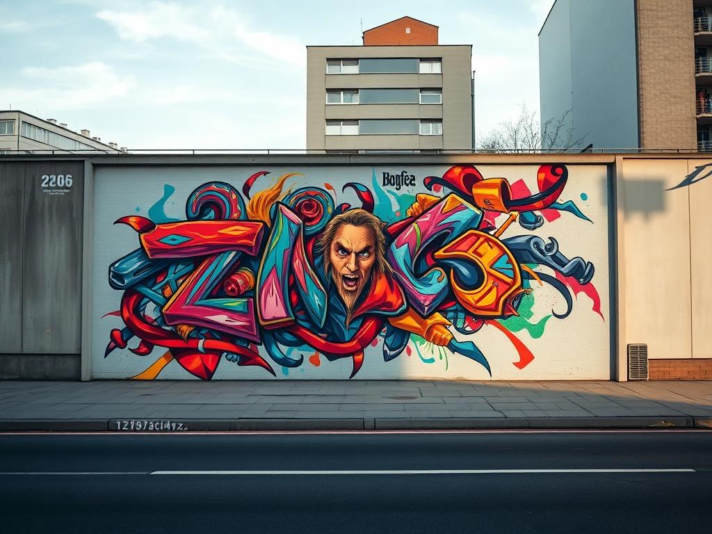 A high-resolution image featuring a stunning mural on a city wall in Warsaw, showcasing vibrant colors and intricate designs. The mural should be the central focus, with a clear view of the art's details. The background should feature a minimalist urban setting, emphasizing the mural's boldness and beauty. The composition should be simple, highlighting the mural as the main subject, with clean lines and an overall life-like appearance.