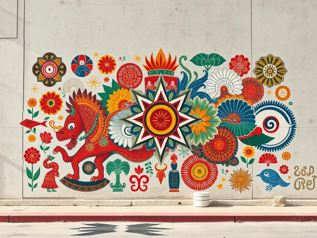 A striking mural that represents a fusion of various cultural elements, featuring symbols and patterns from different traditions. The artwork should be rich in color, with an emphasis on intricate designs and textures. The mural should be set against a plain wall to allow the details and vibrancy of the cultural motifs to stand out, demonstrating the beauty of diversity and unity.