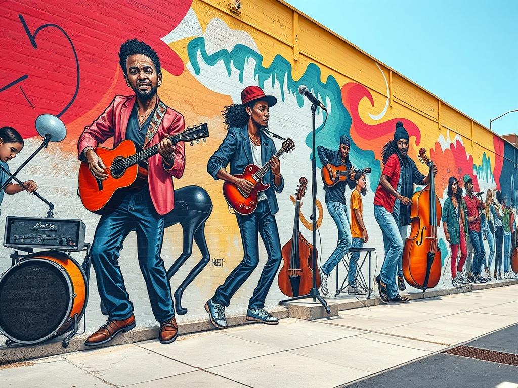 An energetic mural showcasing street musicians and dancers in action, capturing the rhythm and vibrancy of urban life. The mural should be filled with dynamic movements, bright colors, and expressive faces, creating a lively atmosphere. The background should be simple and unobtrusive, allowing the figures to pop out, emphasizing the joy and creativity found in street art.