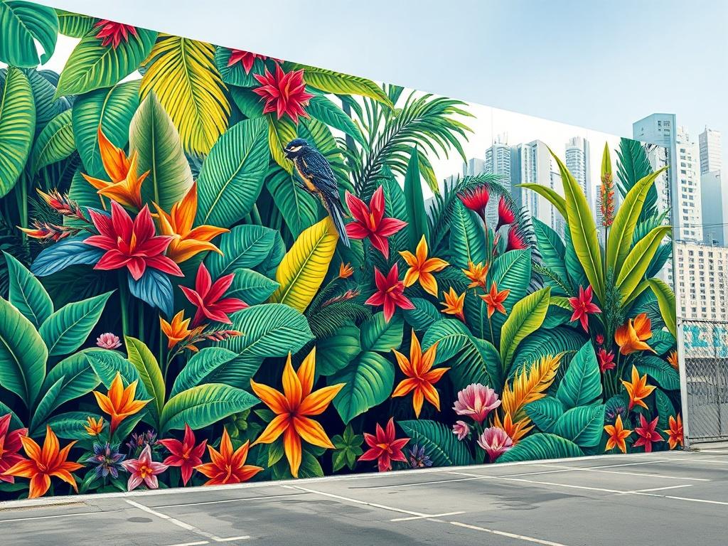 A vibrant mural depicting a lush urban jungle scene with colorful tropical plants and wildlife. The mural should cover a large wall, showcasing detailed leaves and flowers in bold, bright colors. The background should be a simple cityscape, emphasizing the contrast between nature and urban life, with clean lines and minimal distractions to focus on the mural's intricate details.
