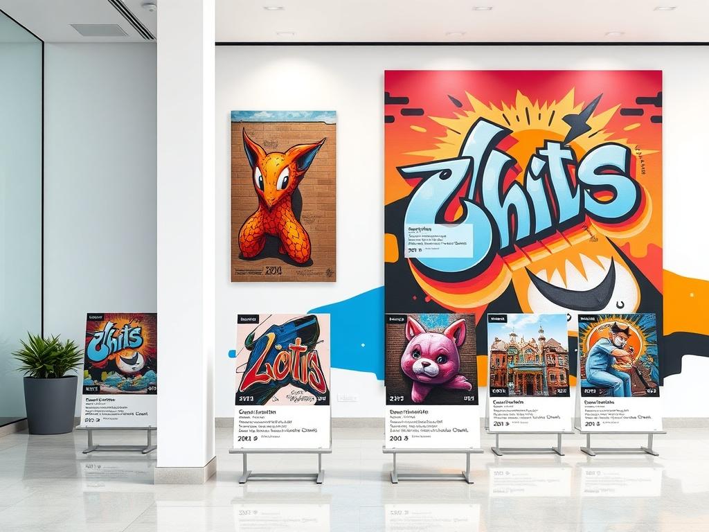 A vibrant gallery showcasing a collection of murals. The focus is on a selection of mural cards, each displaying a beautiful mural image, the title, creator, year created, and a brief description. The background is clean and minimalistic, with a modern layout that highlights the bold colors and intricate details of the murals. The overall feel is artistic and inviting, encouraging viewers to explore the diverse range of street art.