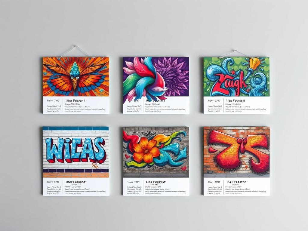 A clean, minimalistic layout featuring multiple cards showcasing various murals, each card displaying vibrant colors and intricate designs. The background should be subtle to emphasize the murals, with a focus on clean lines and high-resolution images. Each card should contain a title, creator, and year, with images highlighting the murals in their full glory.