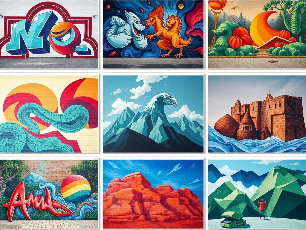 A visually appealing gallery layout with a series of mural images displayed in a grid format. The images should be vibrant and rich in detail, showcasing various styles and themes of murals. The layout should allow for easy navigation, emphasizing the beauty of each mural while maintaining a clean and organized appearance.