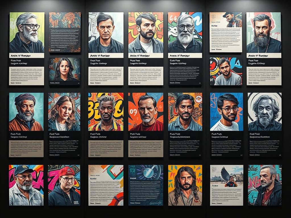 A captivating display of artist profiles, each featuring a portrait of the artist alongside their murals. The layout should be clean and organized, allowing for easy reading of biographies and artistic styles. The background should be minimalistic to keep the focus on the artists and their work, with an emphasis on vibrant colors.