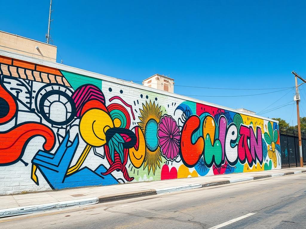 A vibrant mural depicting abstract designs and colorful patterns on