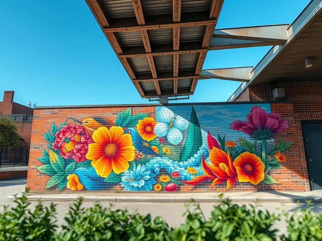 A striking, photorealistic scene showcasing a vibrant mural on a