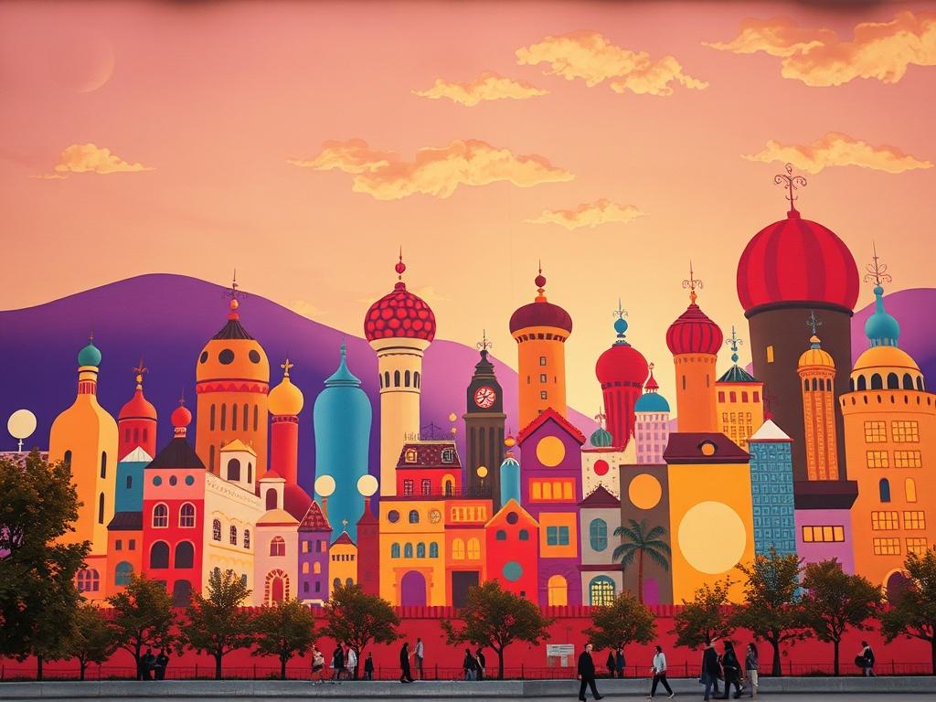 A captivating mural illustrating a dreamy cityscape at sunset