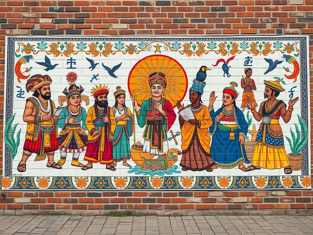 An impressive mural showcasing cultural heritage, featuring traditional patterns, symbols,